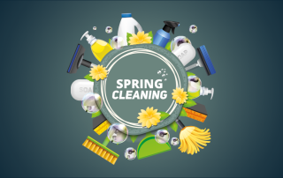 A button that says spring cleaning in the centre. around the outside there are lots of cleaning products and bubbles.